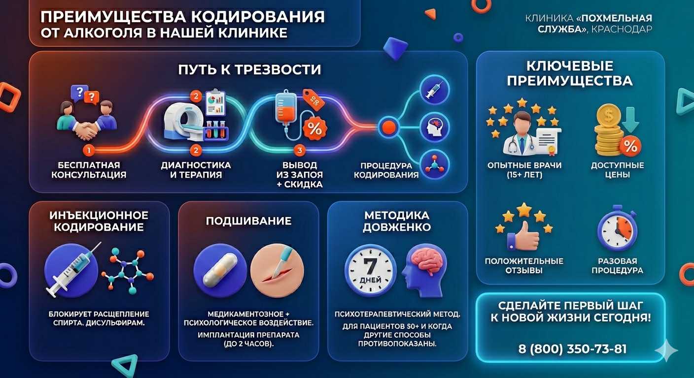 Инфографика о методах кодирования от алкоголя в Чегдомыне: инъекции, подшивание, метод Довженко. Преимущества клиники и этапы лечения.